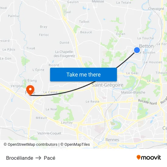 Brocéliande to Pacé map