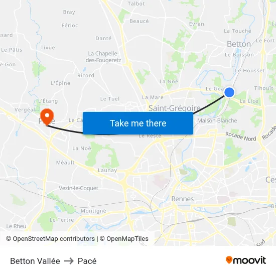 Betton Vallée to Pacé map