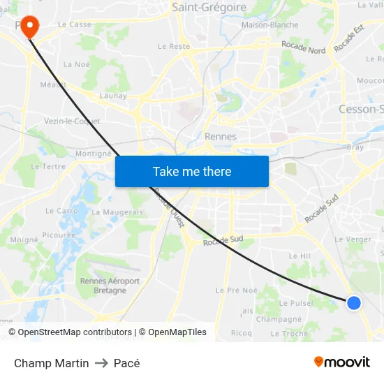 Champ Martin to Pacé map