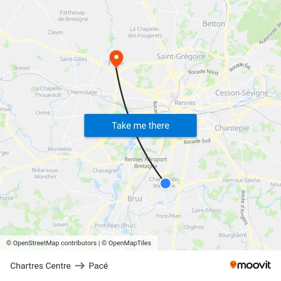 Chartres Centre to Pacé map