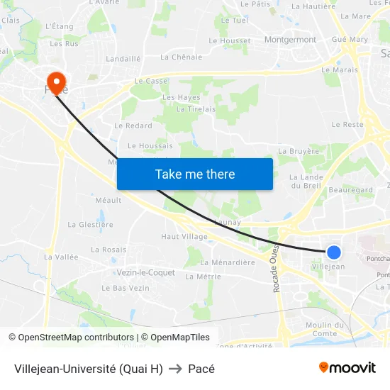Villejean-Université (Quai H) to Pacé map