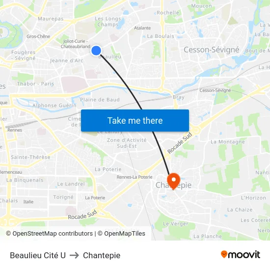 Beaulieu Cité U to Chantepie map