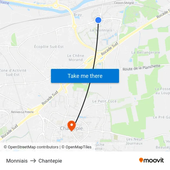 Monniais to Chantepie map