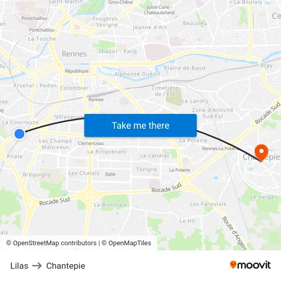 Lilas to Chantepie map