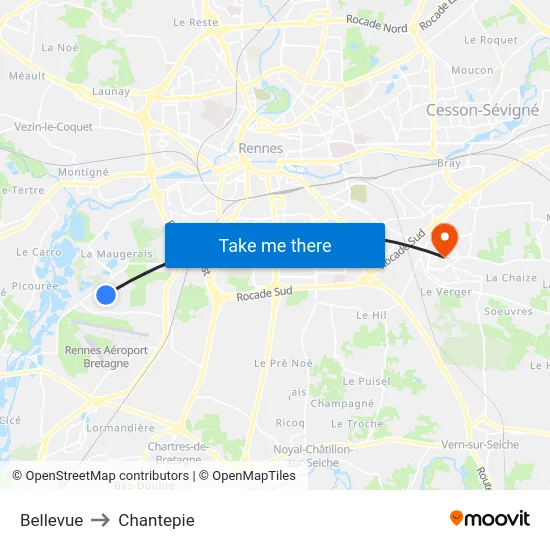 Bellevue to Chantepie map
