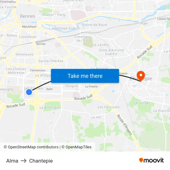 Alma to Chantepie map