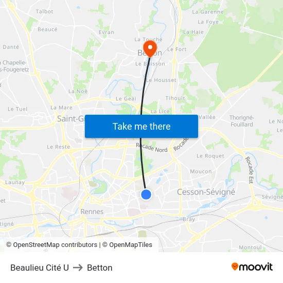 Beaulieu Cité U to Betton map