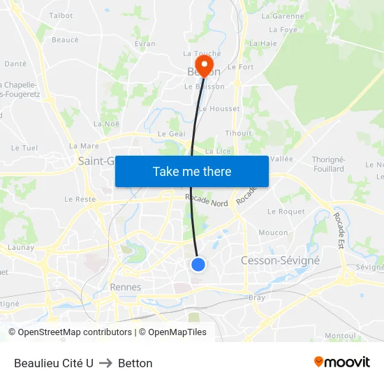 Beaulieu Cité U to Betton map