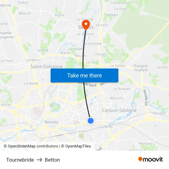 Tournebride to Betton map