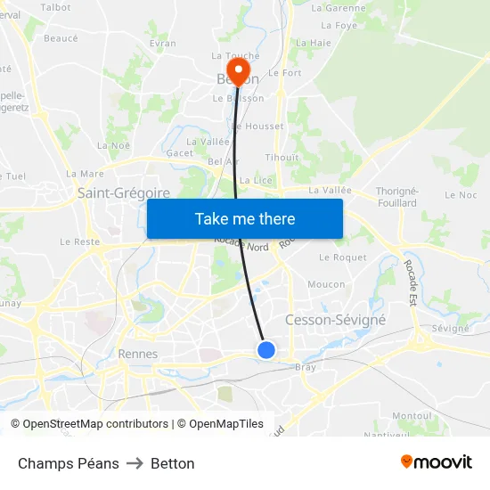 Champs Péans to Betton map