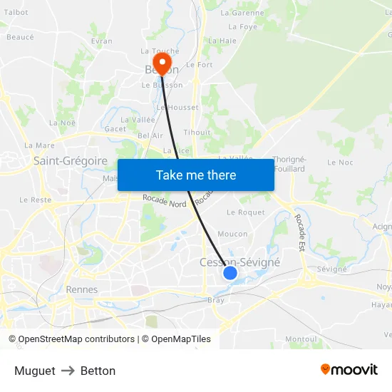 Muguet to Betton map
