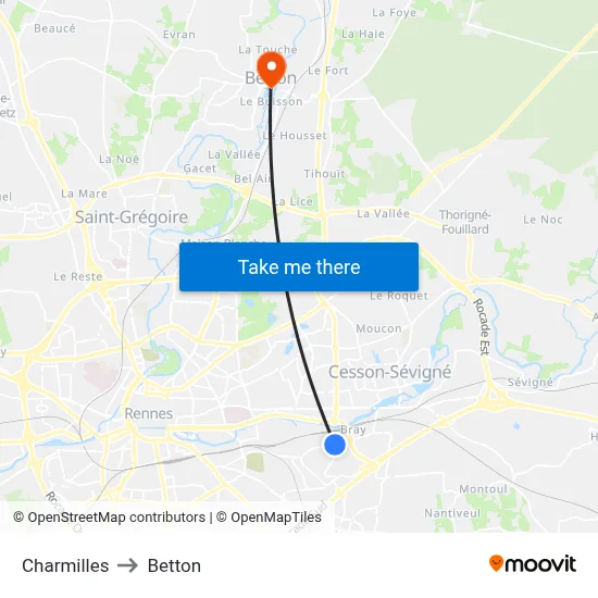 Charmilles to Betton map