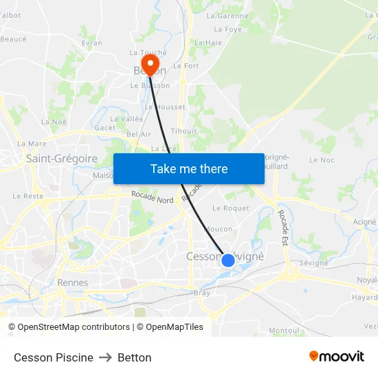 Cesson Piscine to Betton map