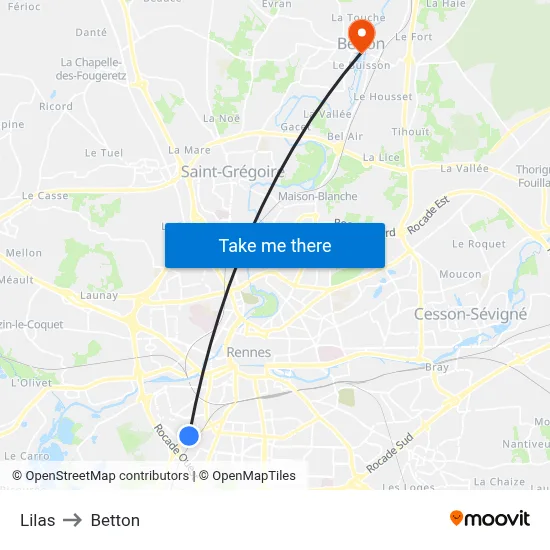 Lilas to Betton map
