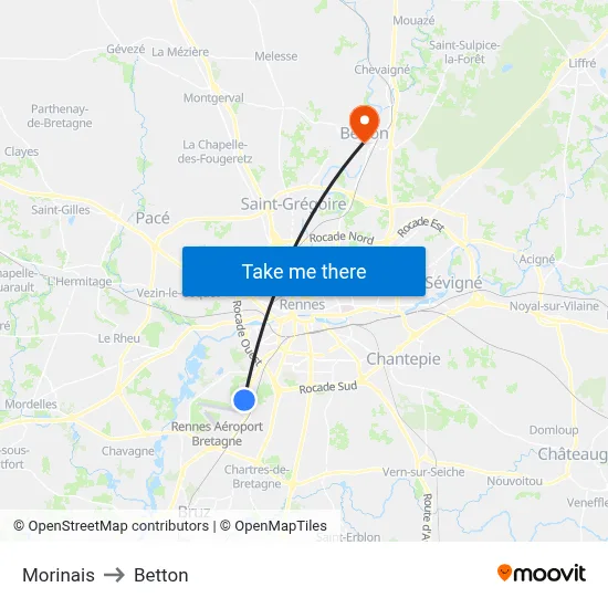 Morinais to Betton map