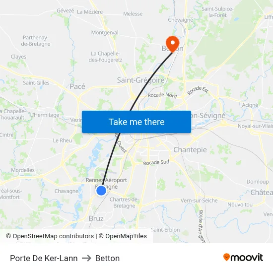 Porte De Ker-Lann to Betton map