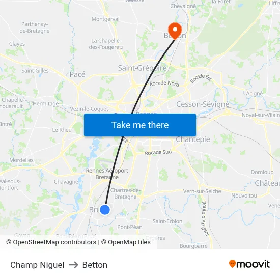 Champ Niguel to Betton map
