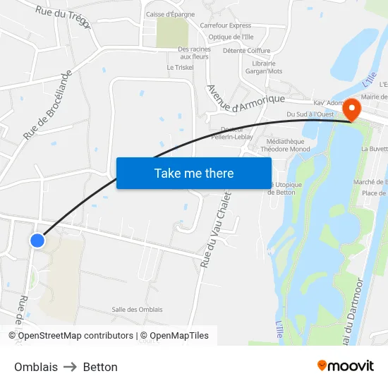 Omblais to Betton map
