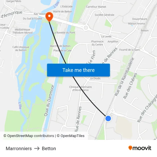 Marronniers to Betton map