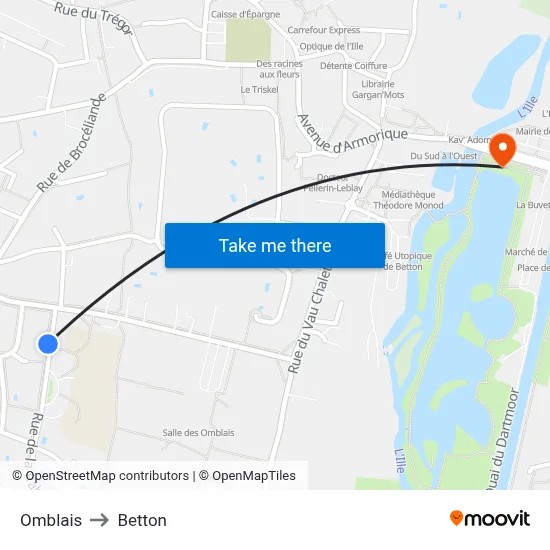 Omblais to Betton map