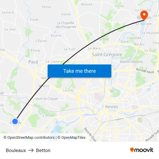 Bouleaux to Betton map