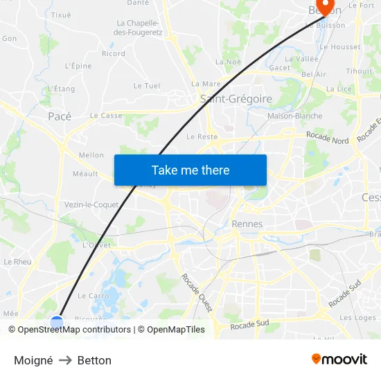 Moigné to Betton map