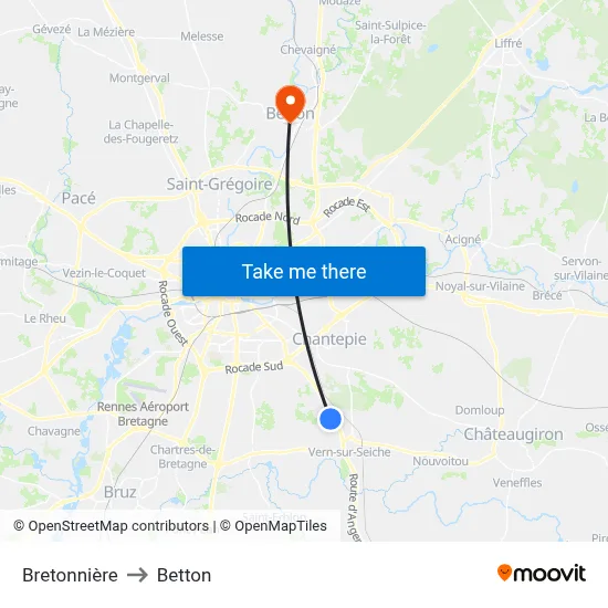 Bretonnière to Betton map