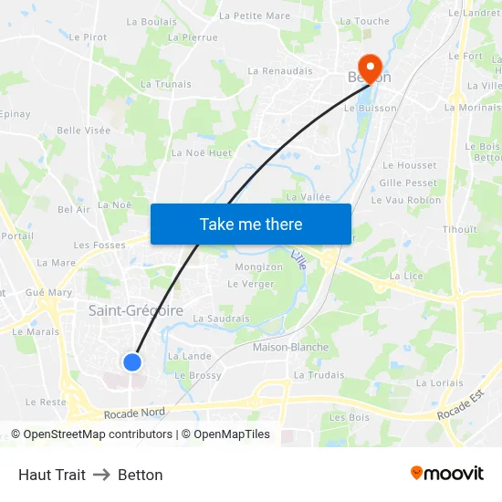 Haut Trait to Betton map