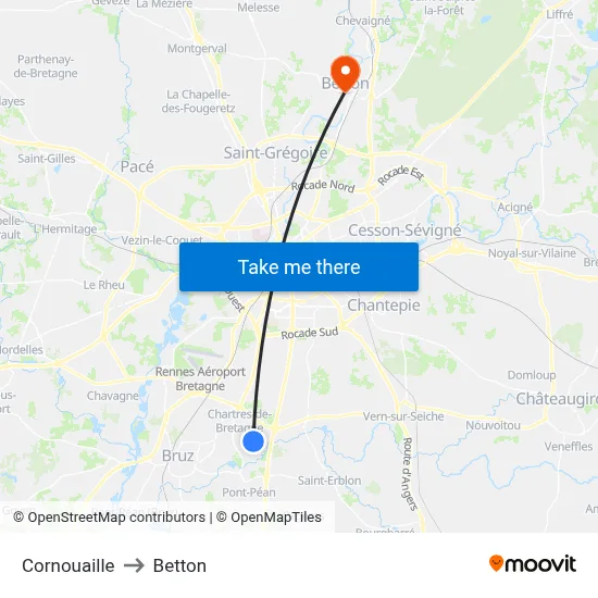 Cornouaille to Betton map