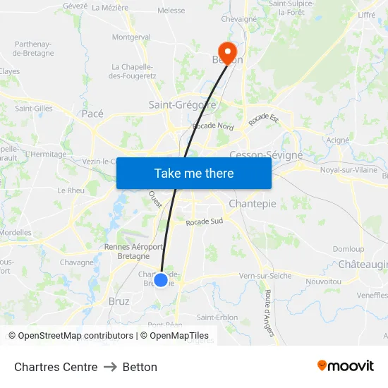 Chartres Centre to Betton map