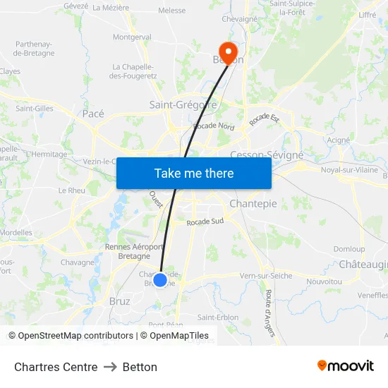 Chartres Centre to Betton map