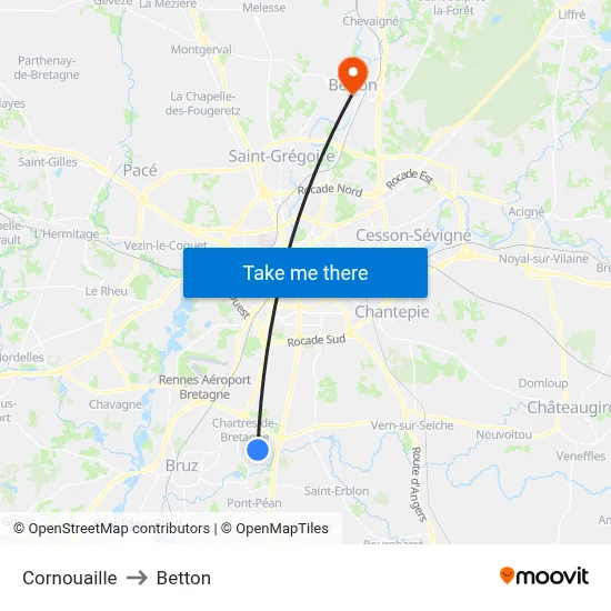 Cornouaille to Betton map