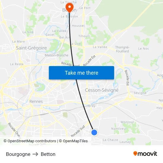 Bourgogne to Betton map