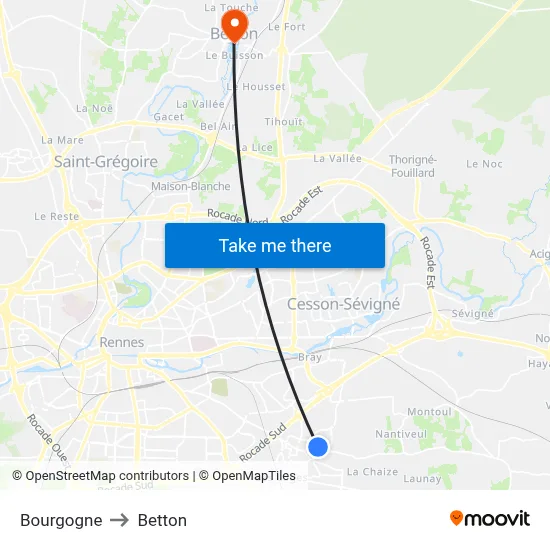 Bourgogne to Betton map
