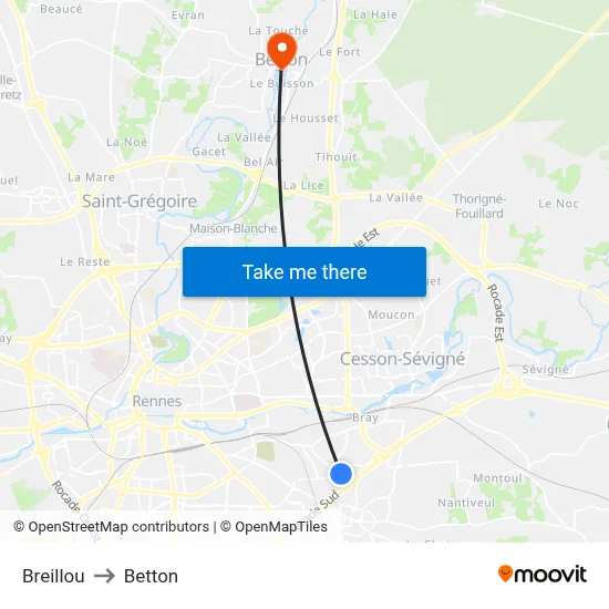 Breillou to Betton map