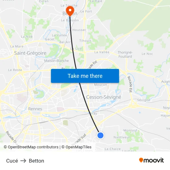 Cucé to Betton map