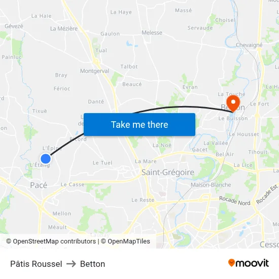 Pâtis Roussel to Betton map