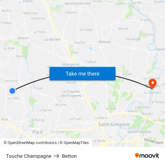 Touche Champagne to Betton map