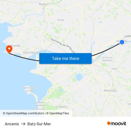 Ancenis to Batz-Sur-Mer map