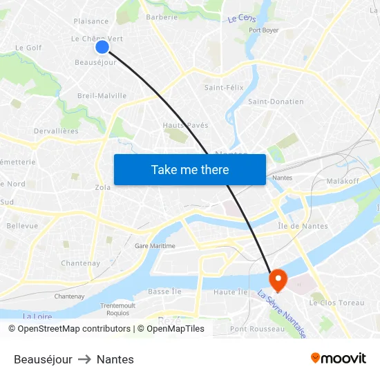 Beauséjour to Nantes map