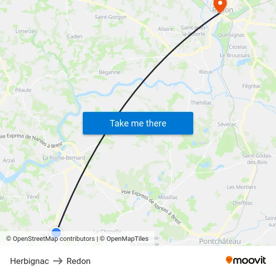 Herbignac to Redon map