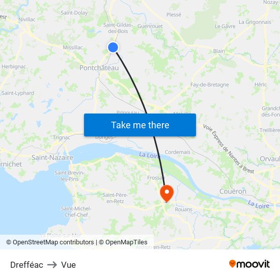 Drefféac to Vue map