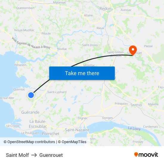 Saint Molf to Guenrouet map