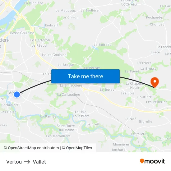 Vertou to Vallet map