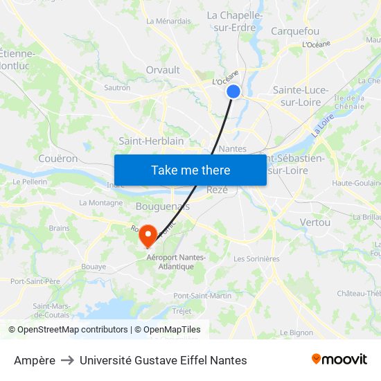Ampère to Université Gustave Eiffel Nantes map