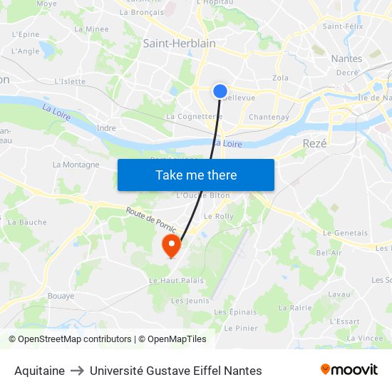 Aquitaine to Université Gustave Eiffel Nantes map