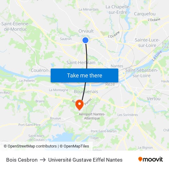 Bois Cesbron to Université Gustave Eiffel Nantes map