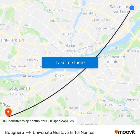 Bougrière to Université Gustave Eiffel Nantes map