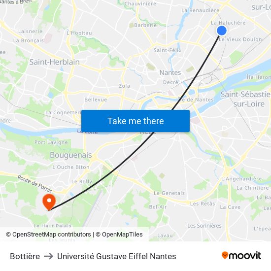 Bottière to Université Gustave Eiffel Nantes map