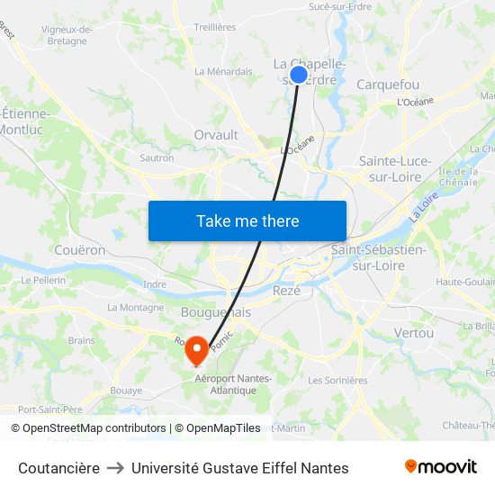 Coutancière to Université Gustave Eiffel Nantes map